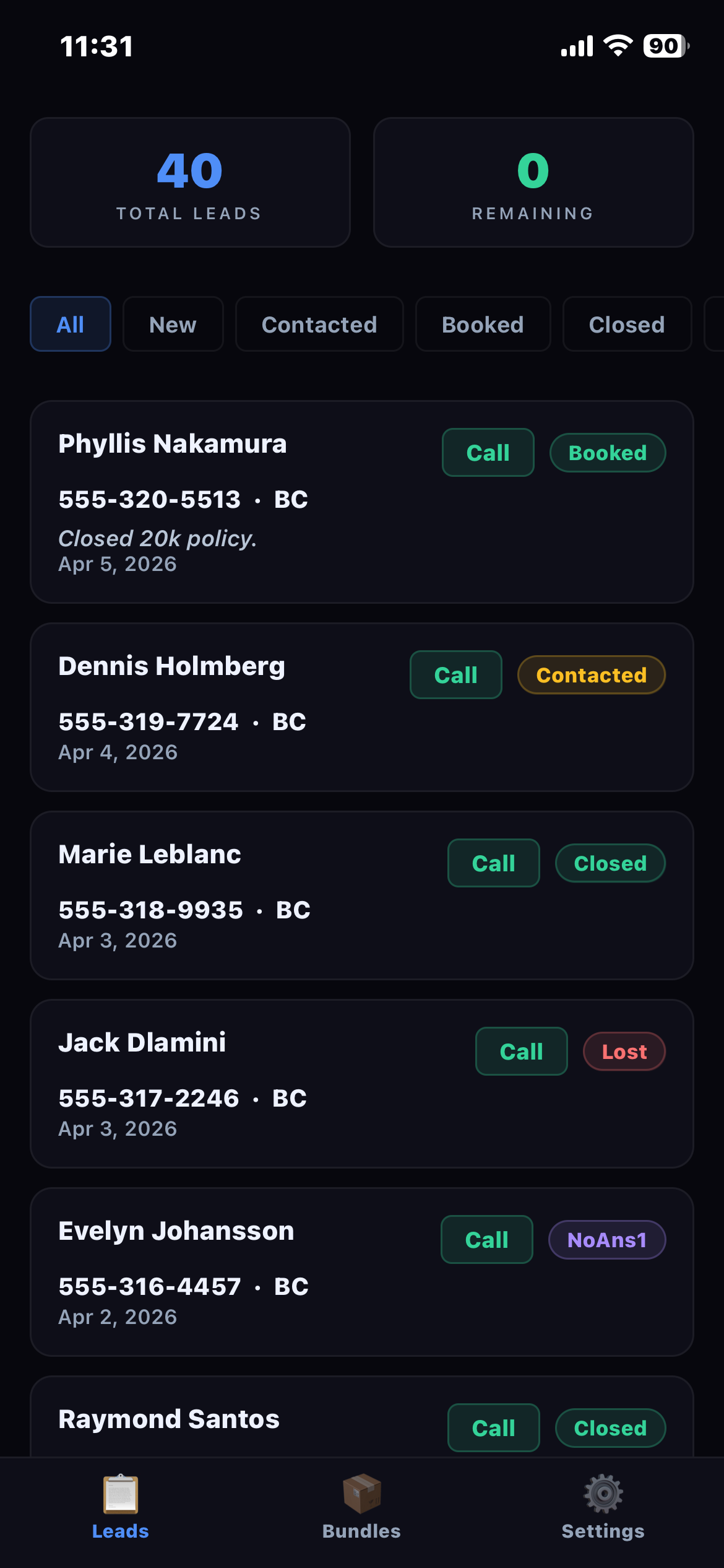 Leads tab showing incoming leads with call button and status